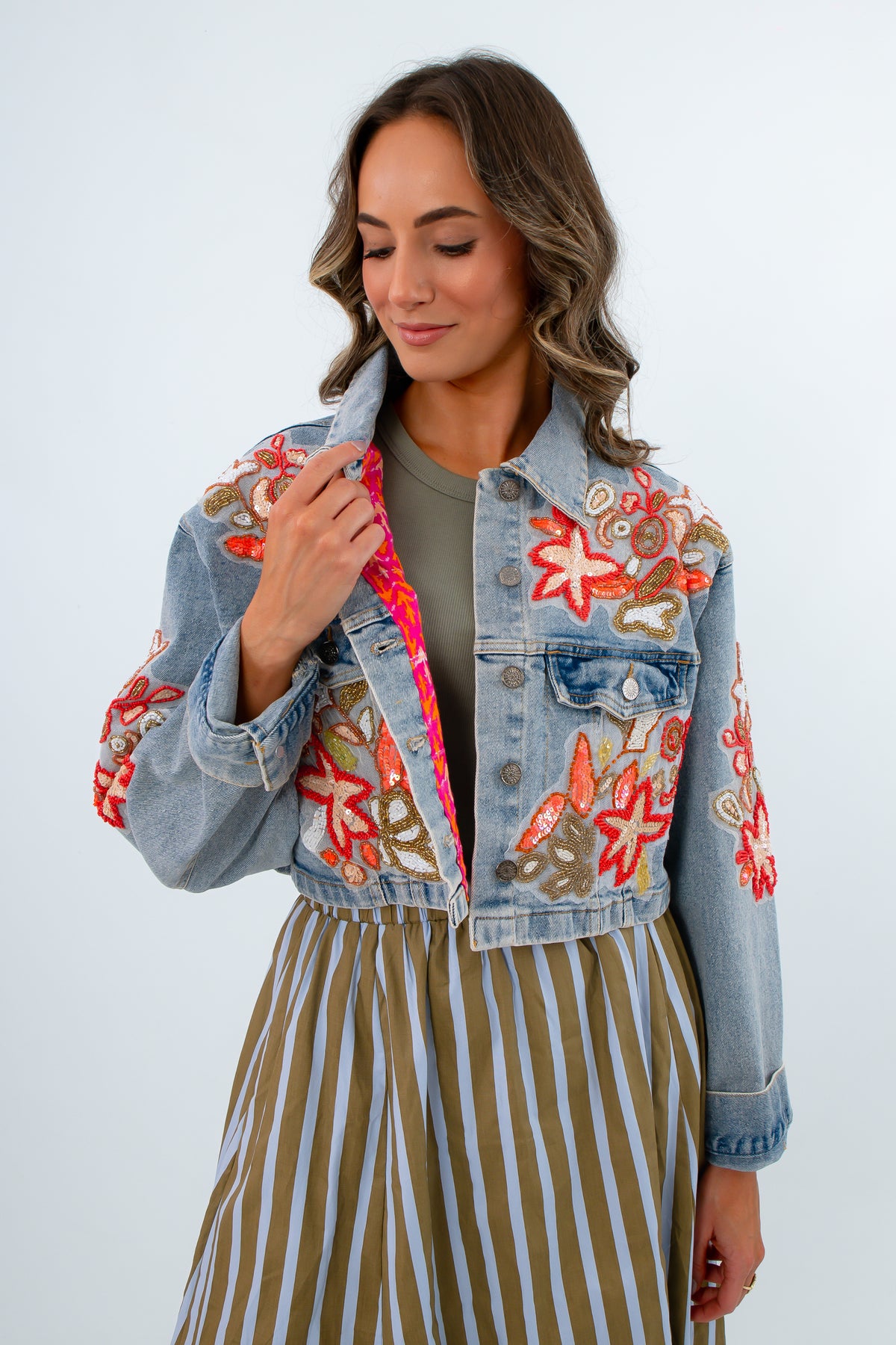 Game day denim jacket with embroidered floral beads, jacket for clemson game day, jean jacket with orange beads, orange beaded jacket