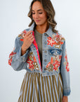 Game day denim jacket with embroidered floral beads, jacket for clemson game day, jean jacket with orange beads, orange beaded jacket