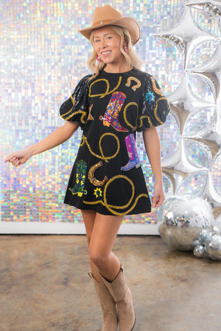 Queen of Sparkles Black Cowgirl Icon Poof Sleeve Dress-Queen of Sparkles-L. Mae Boutique