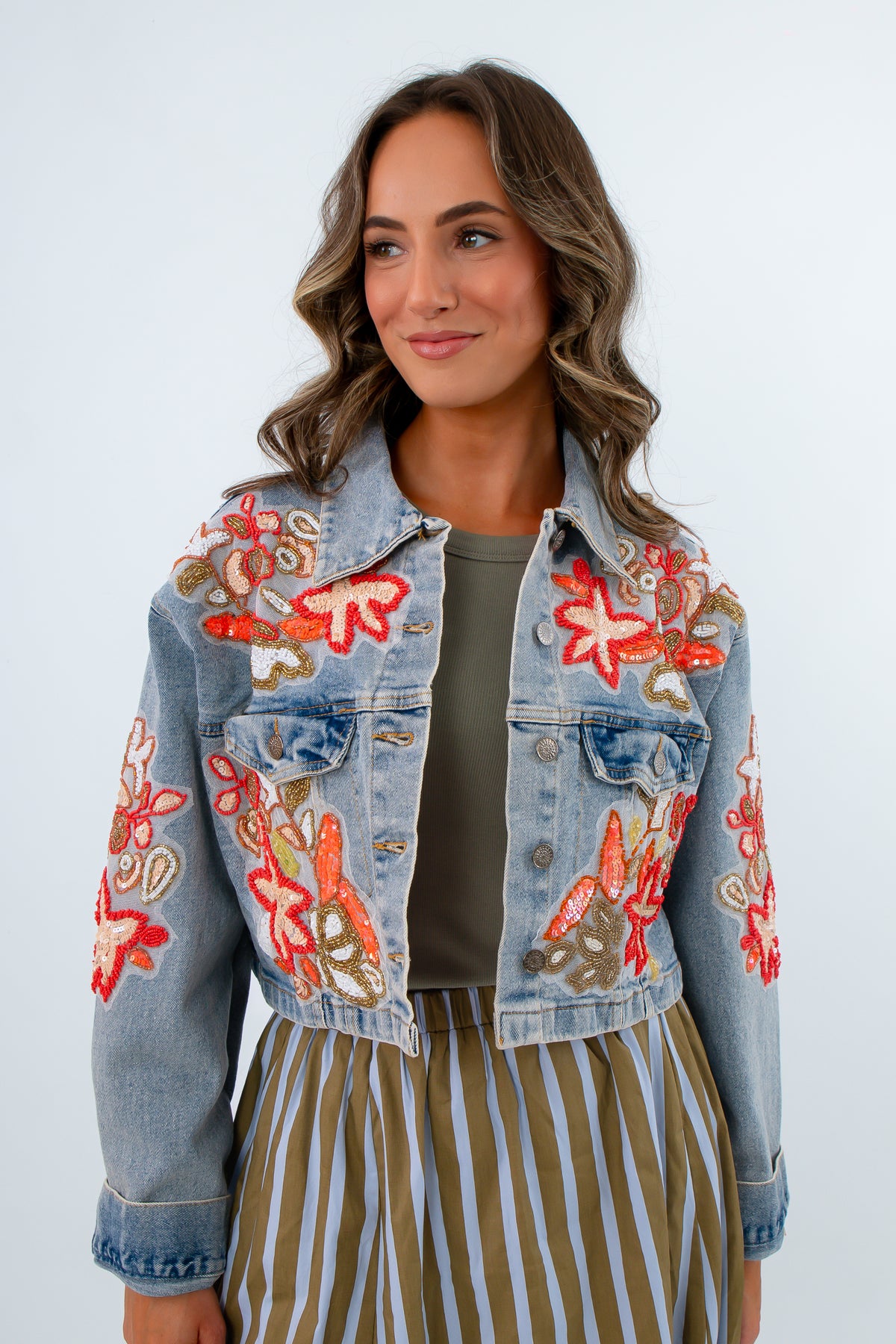 Unique beaded floral denim jacket with coral and sage colors, lightwash denim jacket, cropped denim jacket