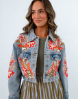 Unique beaded floral denim jacket with coral and sage colors, lightwash denim jacket, cropped denim jacket