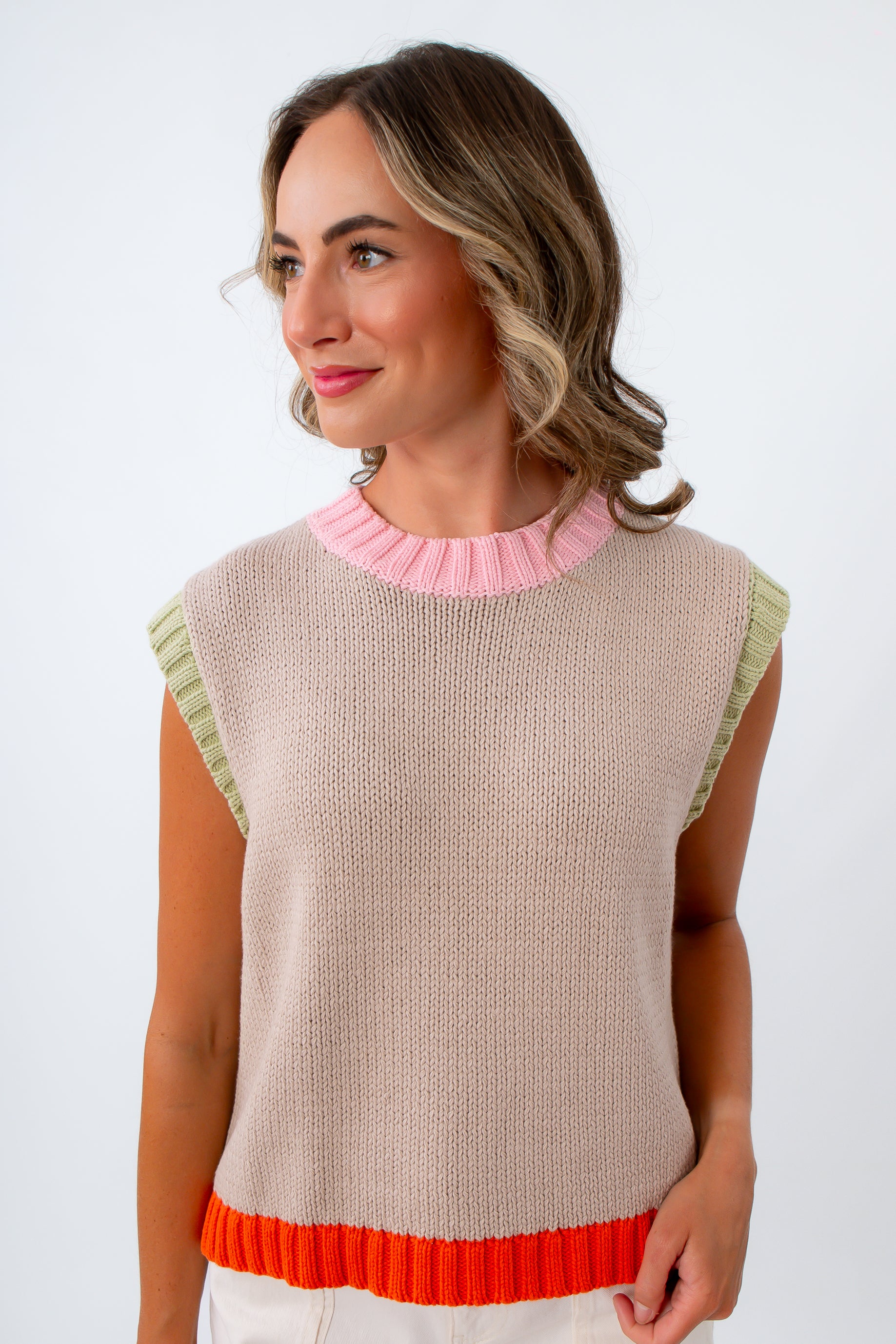 Sleeveless knit sweater with colorful trim, fall sleeveless sweater