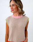 Sleeveless knit sweater with colorful trim, fall sleeveless sweater