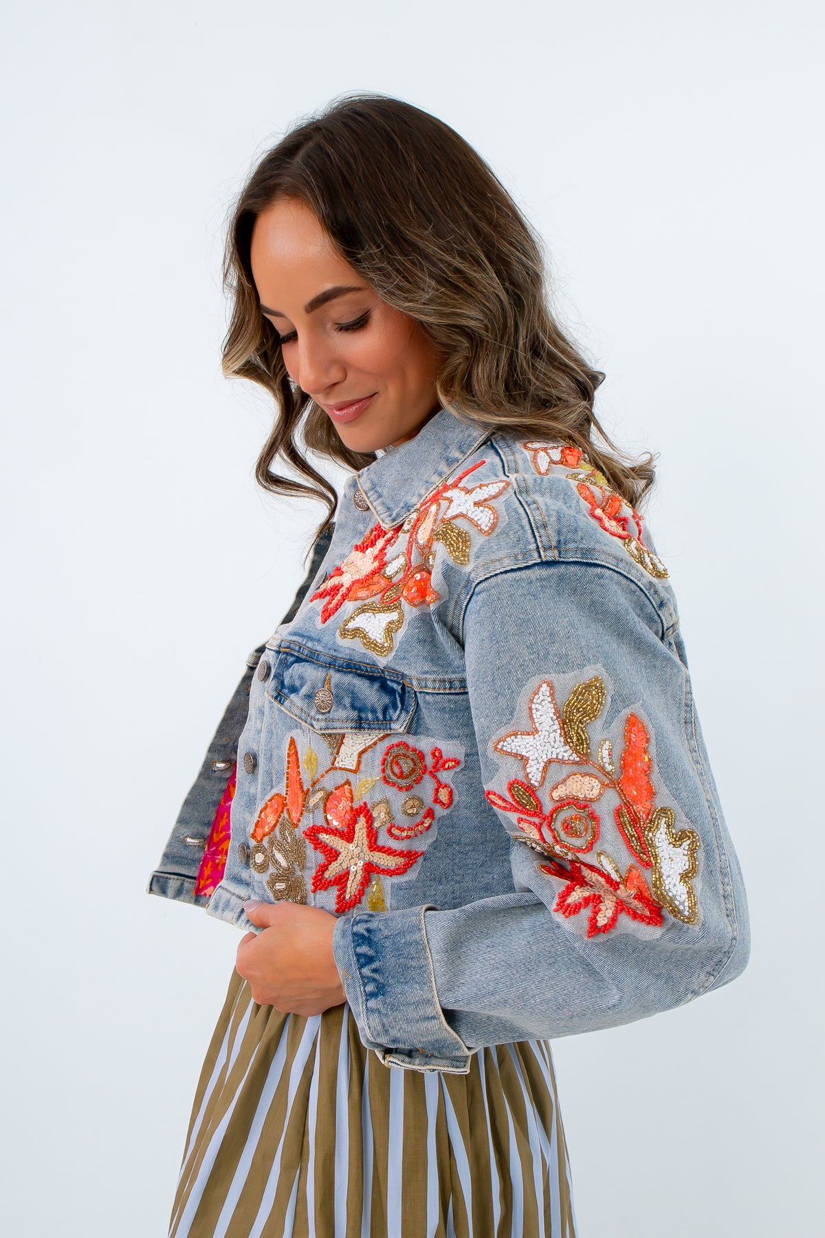 Cropped denim jacket with vibrant beaded floral designs, denim jacket with beading all over, beaded denim jacket