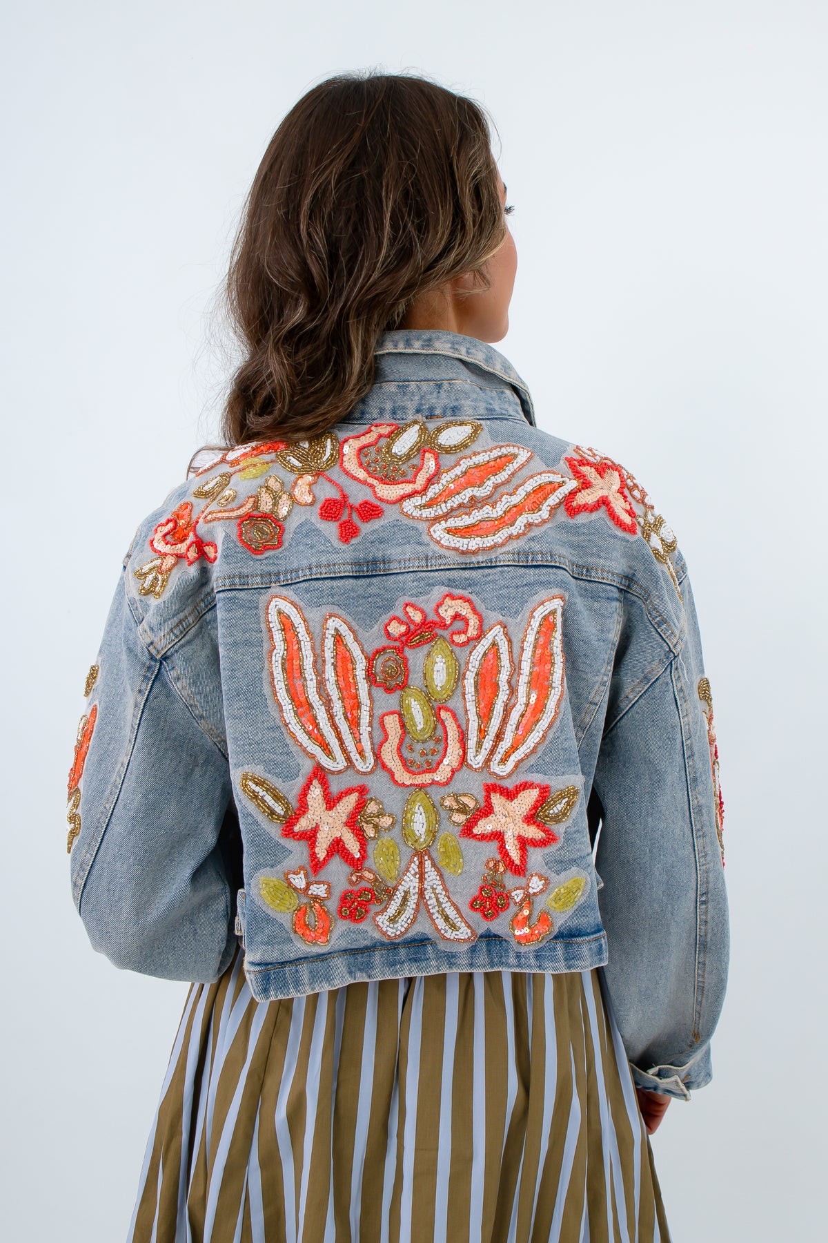 Floral denim jacket, Denim jacket with orange details, denim jacket with beaded details
