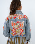 Floral denim jacket, Denim jacket with orange details, denim jacket with beaded details