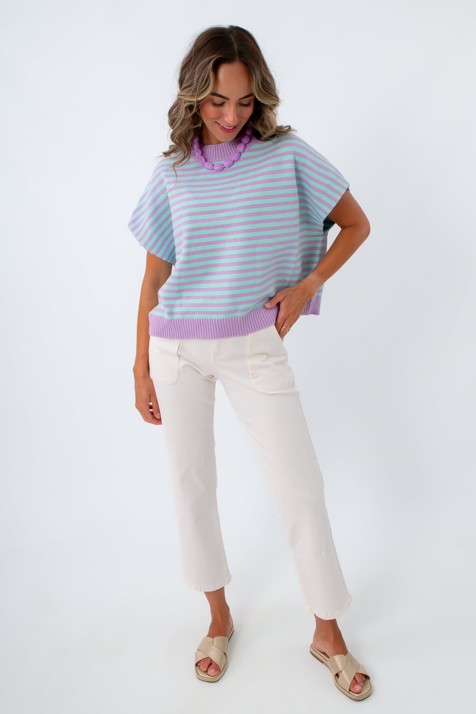 Lavender and blue striped sweater for fall