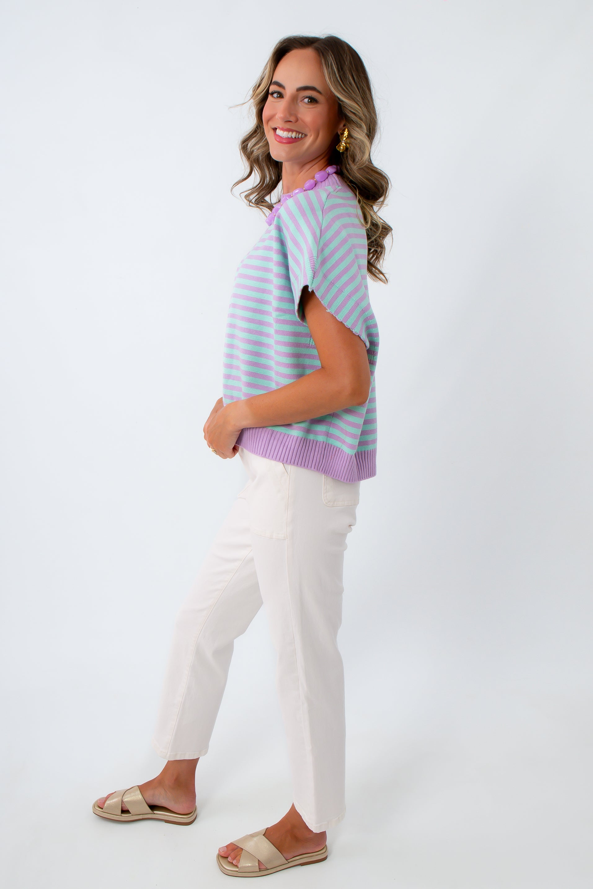Short sleeve knit sweater, colorful knit sweater, blue and purple top