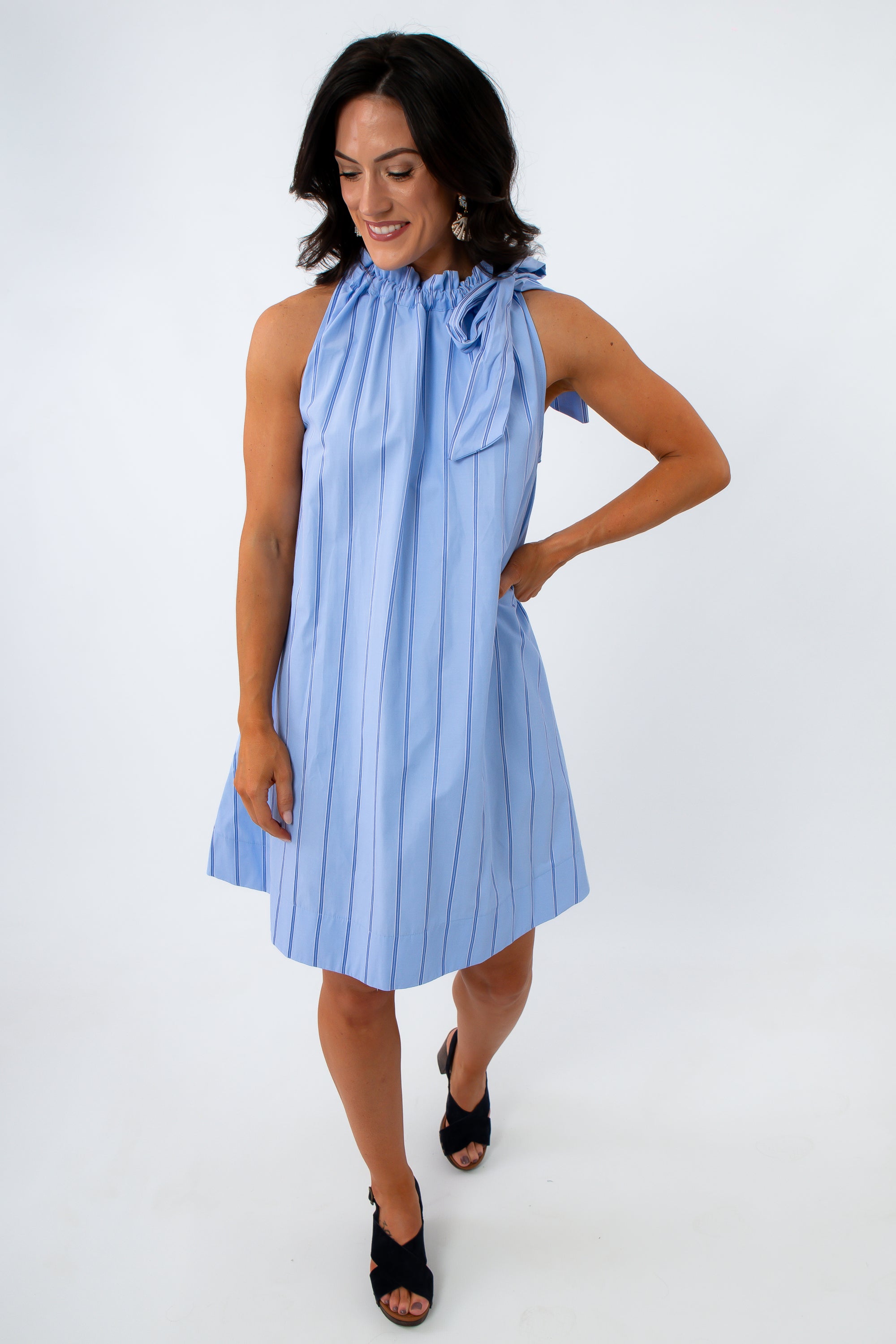 Poplin Pinstripe Powder Blue Tie Neck Dress