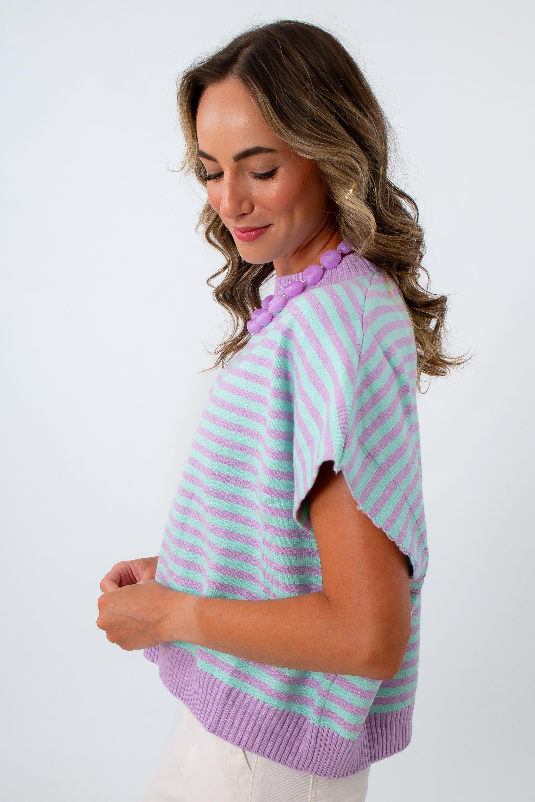 Blue and lavender striped sweater, lightweight striped sweater, colorful sweaters
