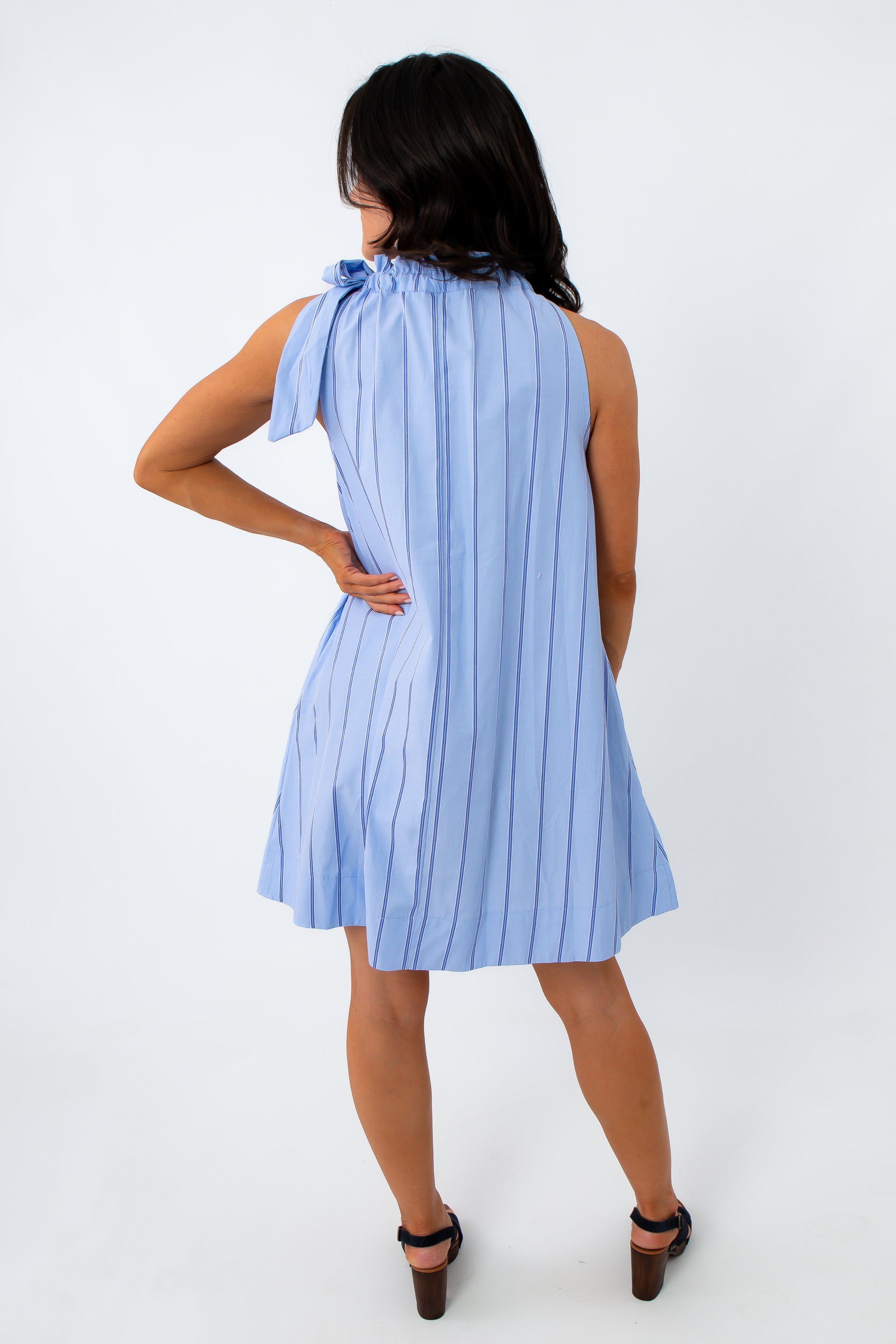 Back view of woman in blue pinstripe dress with bow tie neck