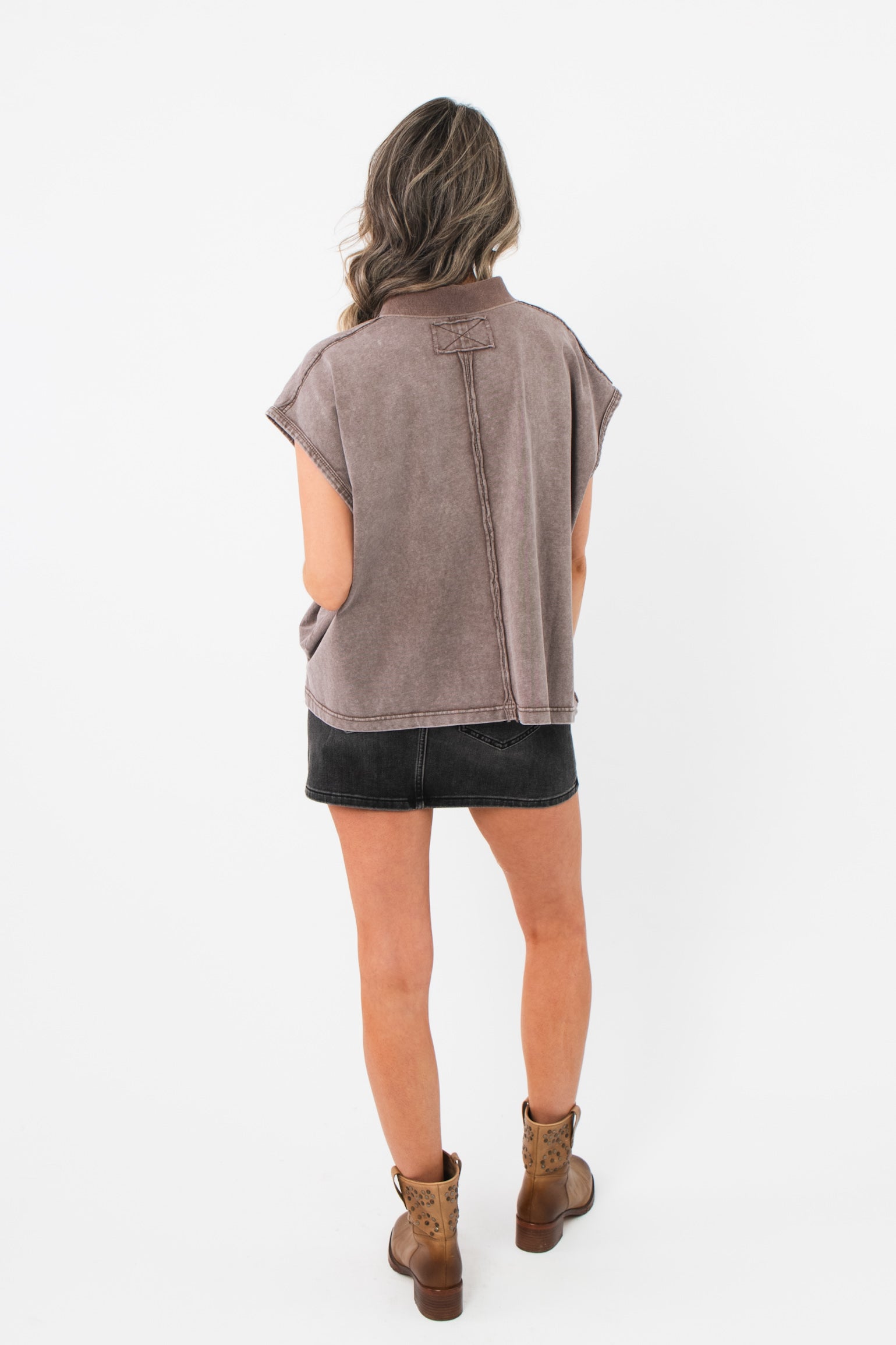 Double Check Brown Sleeveless Polo Top