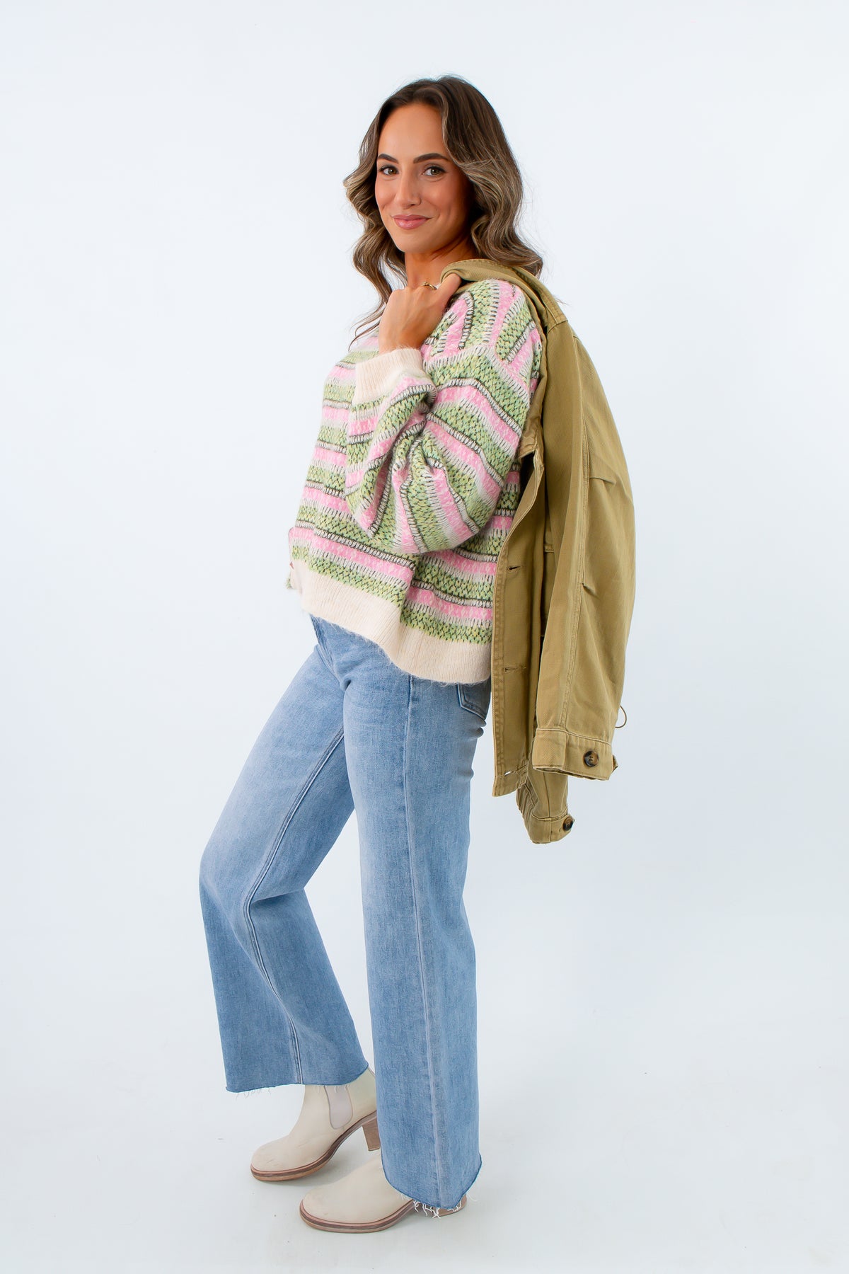 Ivory sweater with pink and green stripes
Long sleeve colorful sweater for fall