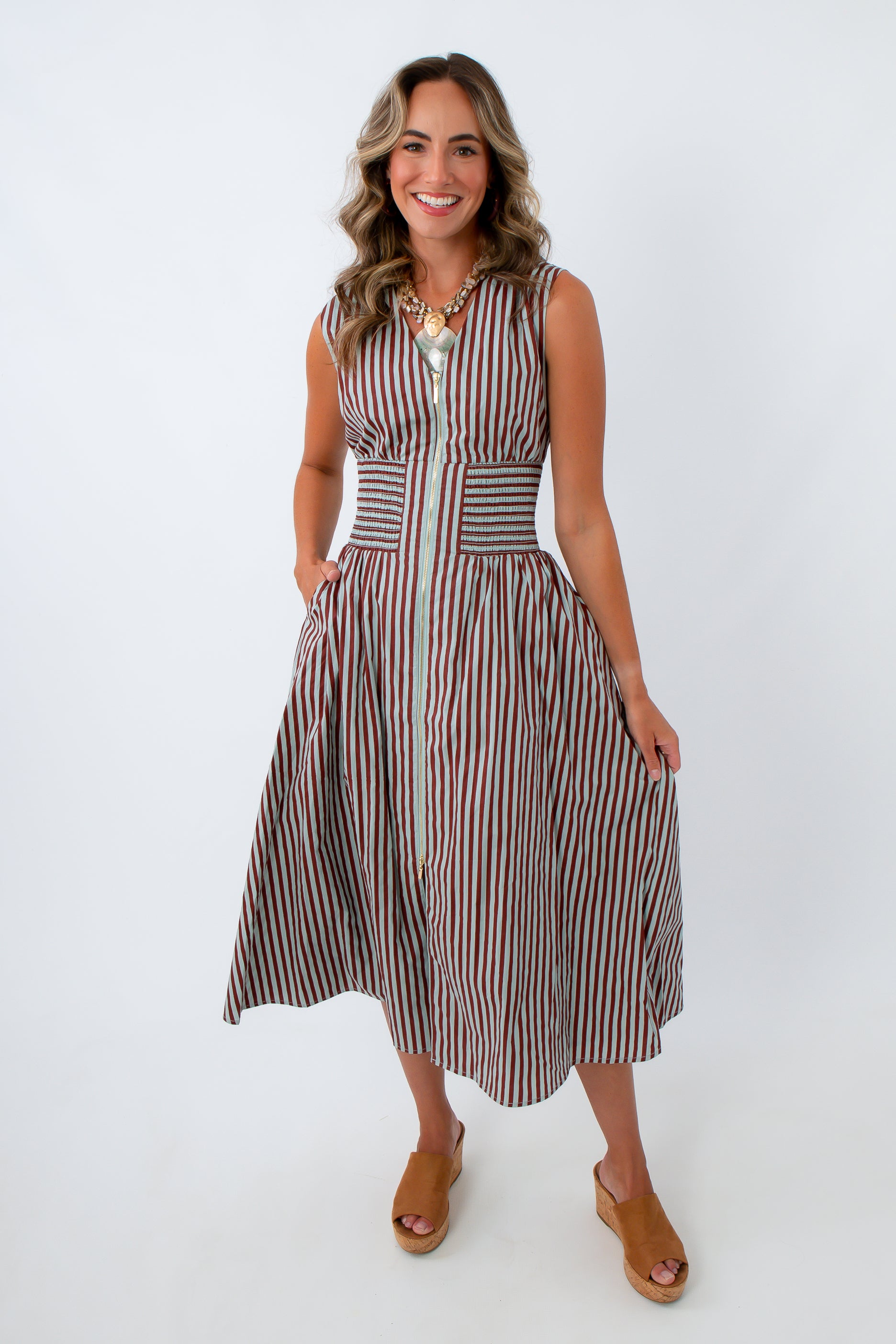 THML Brown and Blue Stripe Zip Front Dress