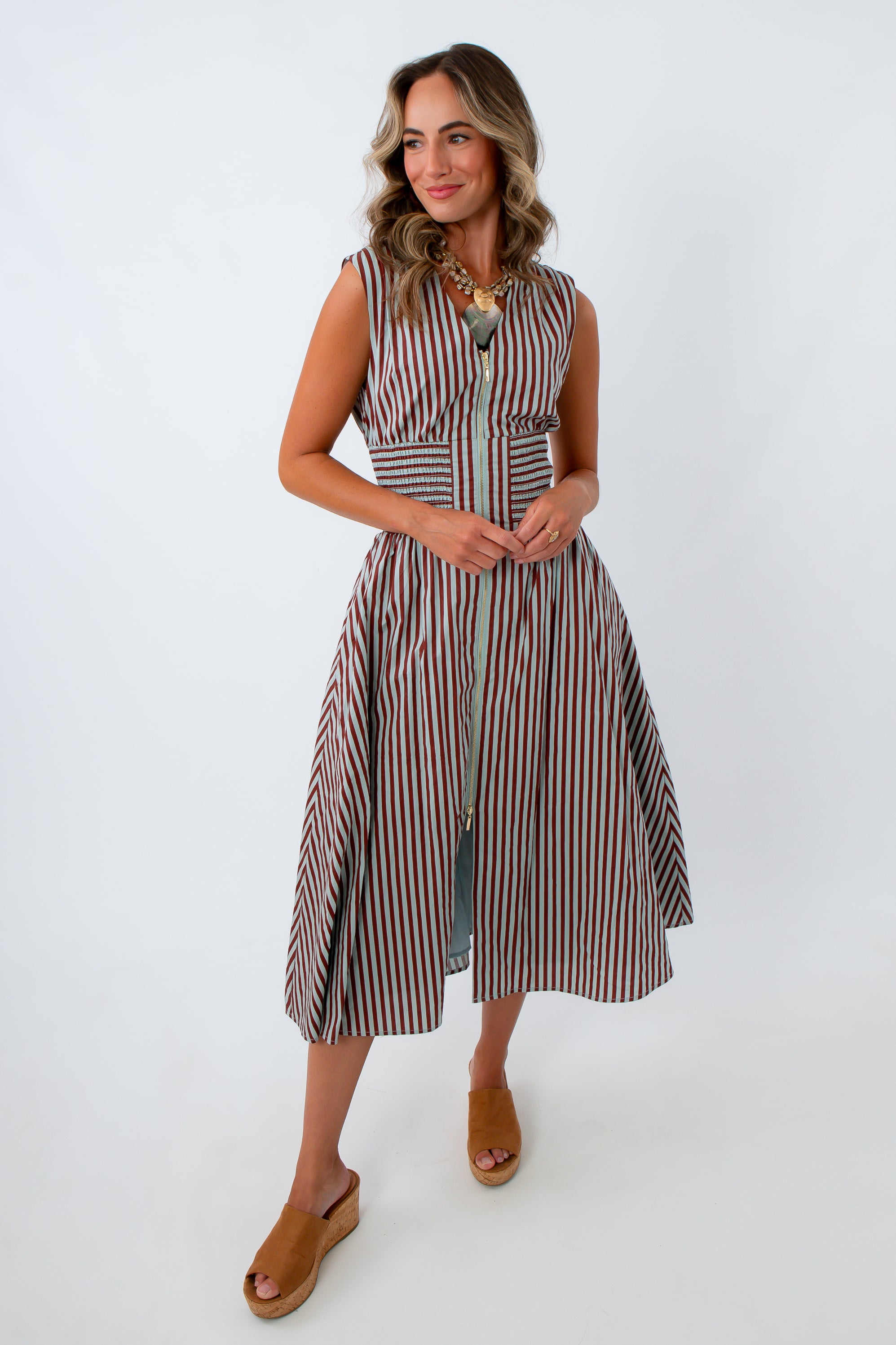 Blue and brown fall dress for women, striped fall dress for women, striped midi dress, brown and blue midi dress