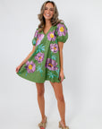 Queen of Sparkles Garden Bloom Floral Mini Dress green and purple flower print mini dress for Kentucky Derby or Easter