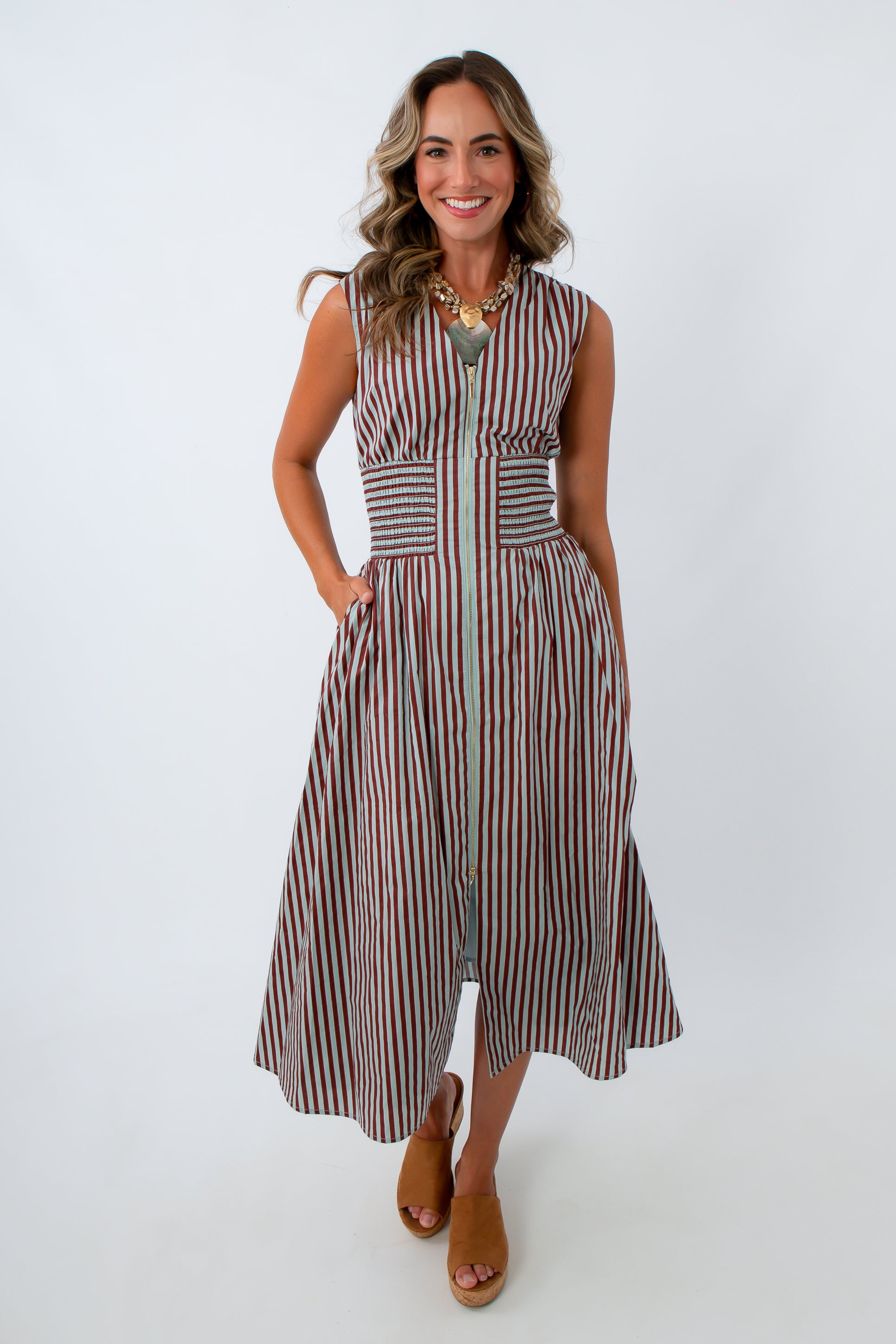 THML zip front teacher dress, THML fall dress, THML midi dress, THML blue and brown dress