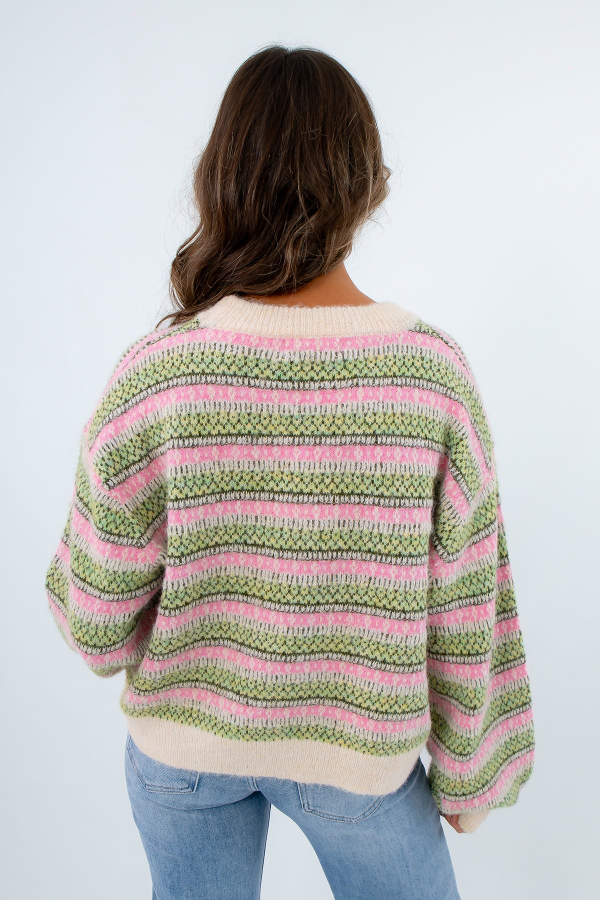 Patterned sweater with pink and green stripes for cooler weather, striped long sleeve sweater for fall