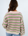 Patterned sweater with pink and green stripes for cooler weather, striped long sleeve sweater for fall