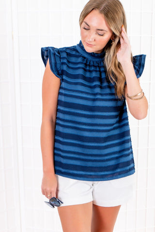 Navy Ruffle Sleeves Tie Back Top-Voy-L. Mae Boutique