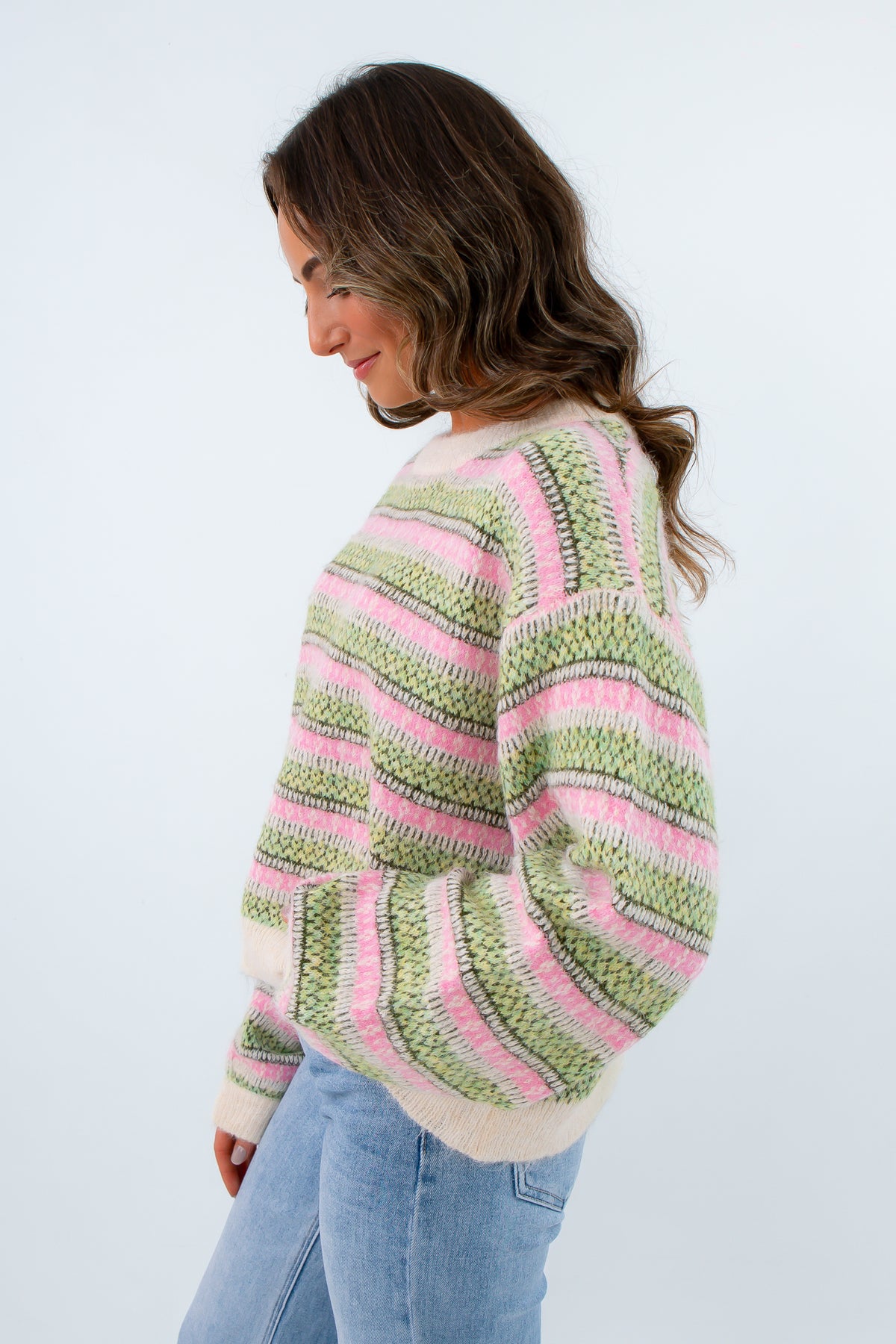 Soft knit long sleeve colorful sweater for fall, pink and green striped sweater, colorful striped sweater