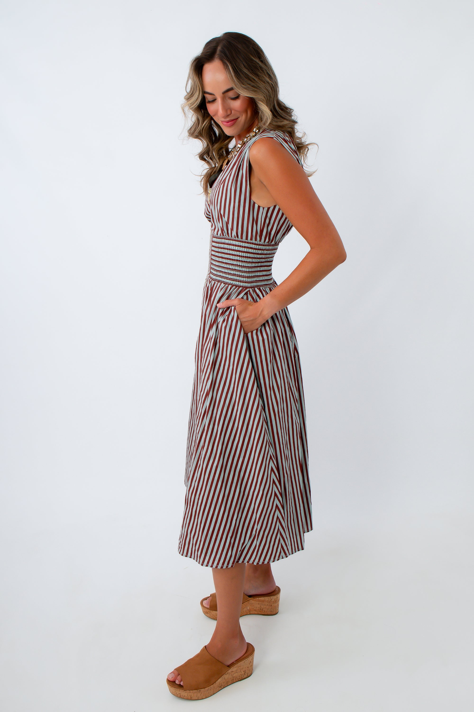 Professional brown striped midi dress, Professional blue striped midi dress, professional fall workwear