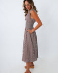 Professional brown striped midi dress, Professional blue striped midi dress, professional fall workwear