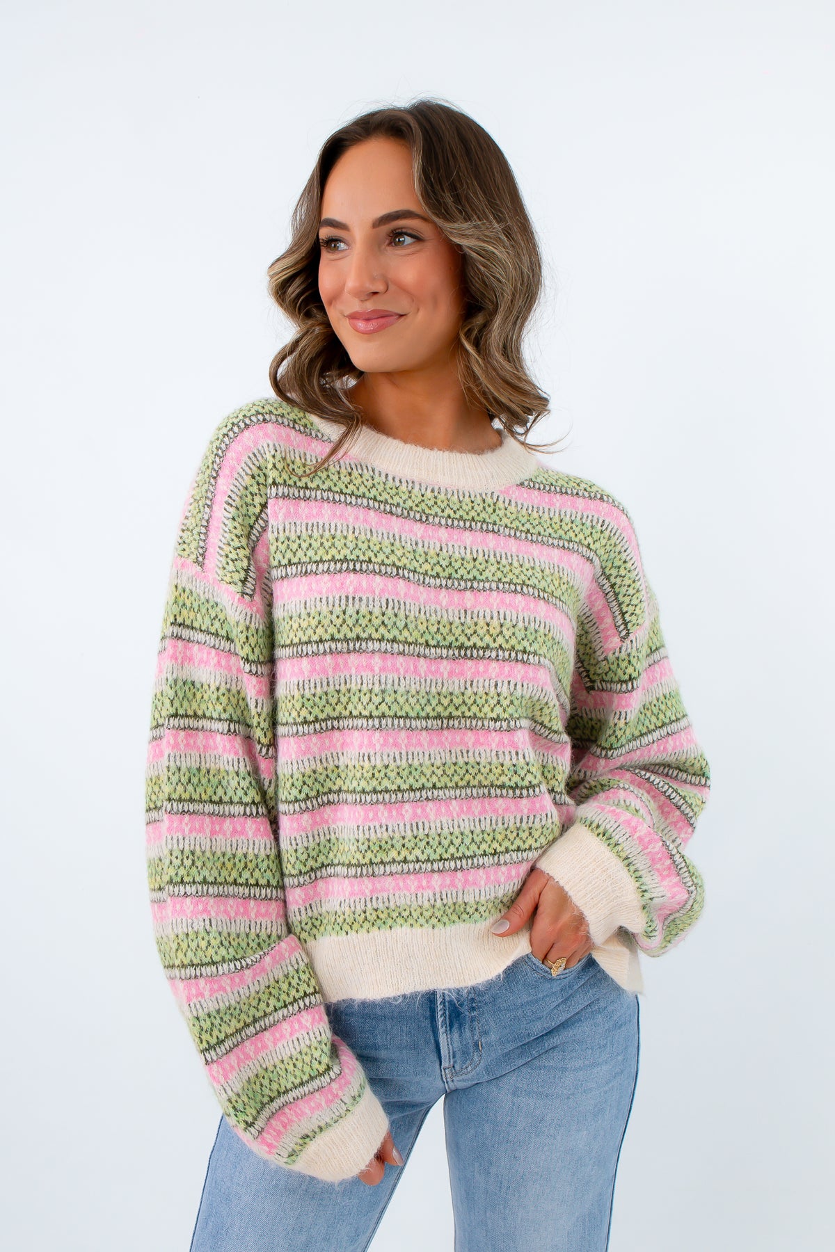 Mountain Morning Pink & Green Striped Sweater