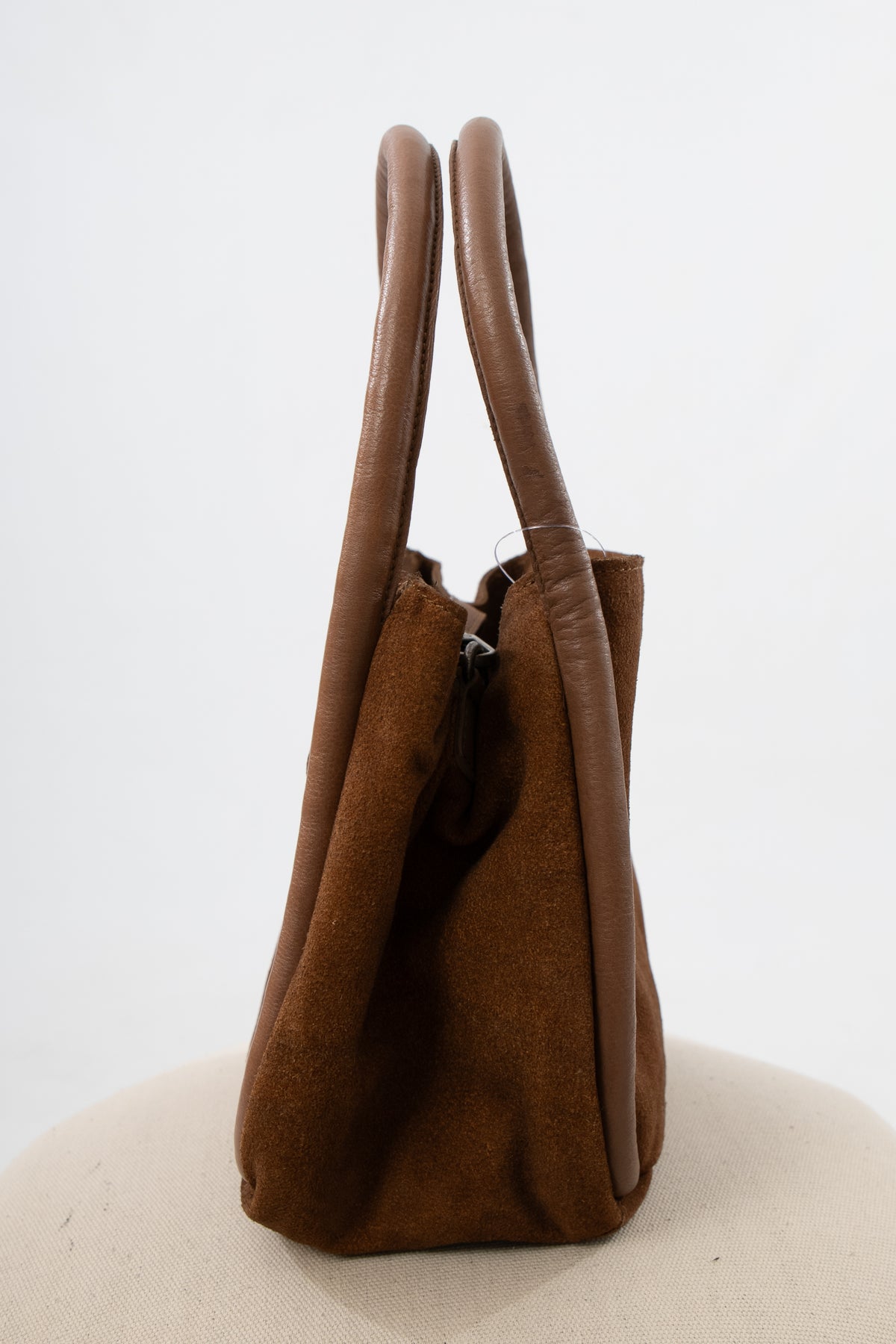 Free People Cognac Barlow Bucket Bag with fixed top straps, Brown suede fall purse with fully lined interior, Suede fall shoulder bucket bag perfect for autumn outfits