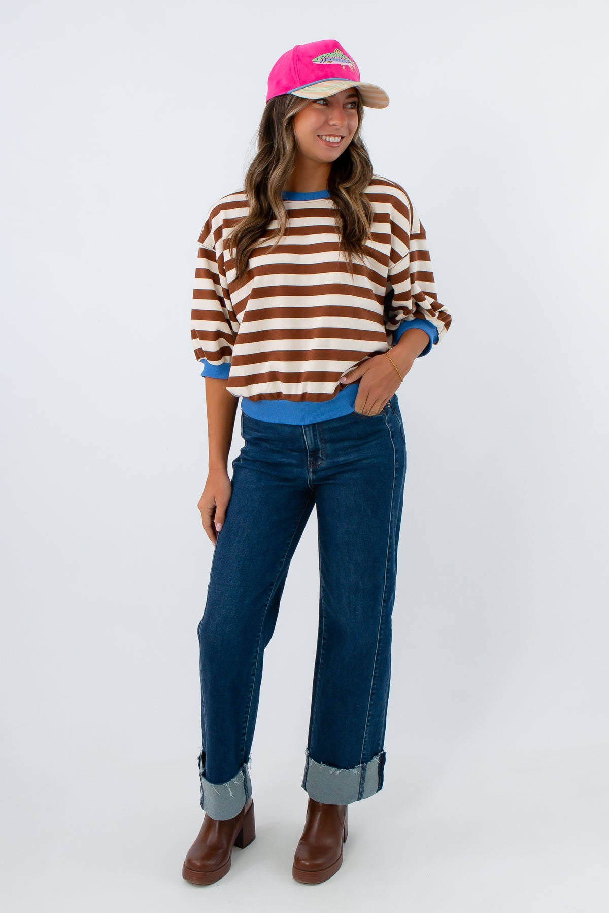 Relaxed fit brown striped top for everyday wear, Soft sweatshirt material short sleeve top, brown and cream striped shirt with pops of blue