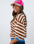 Casual short sleeve sweatshirt for fall layering, casual brown striped top, comfy brown stripe top