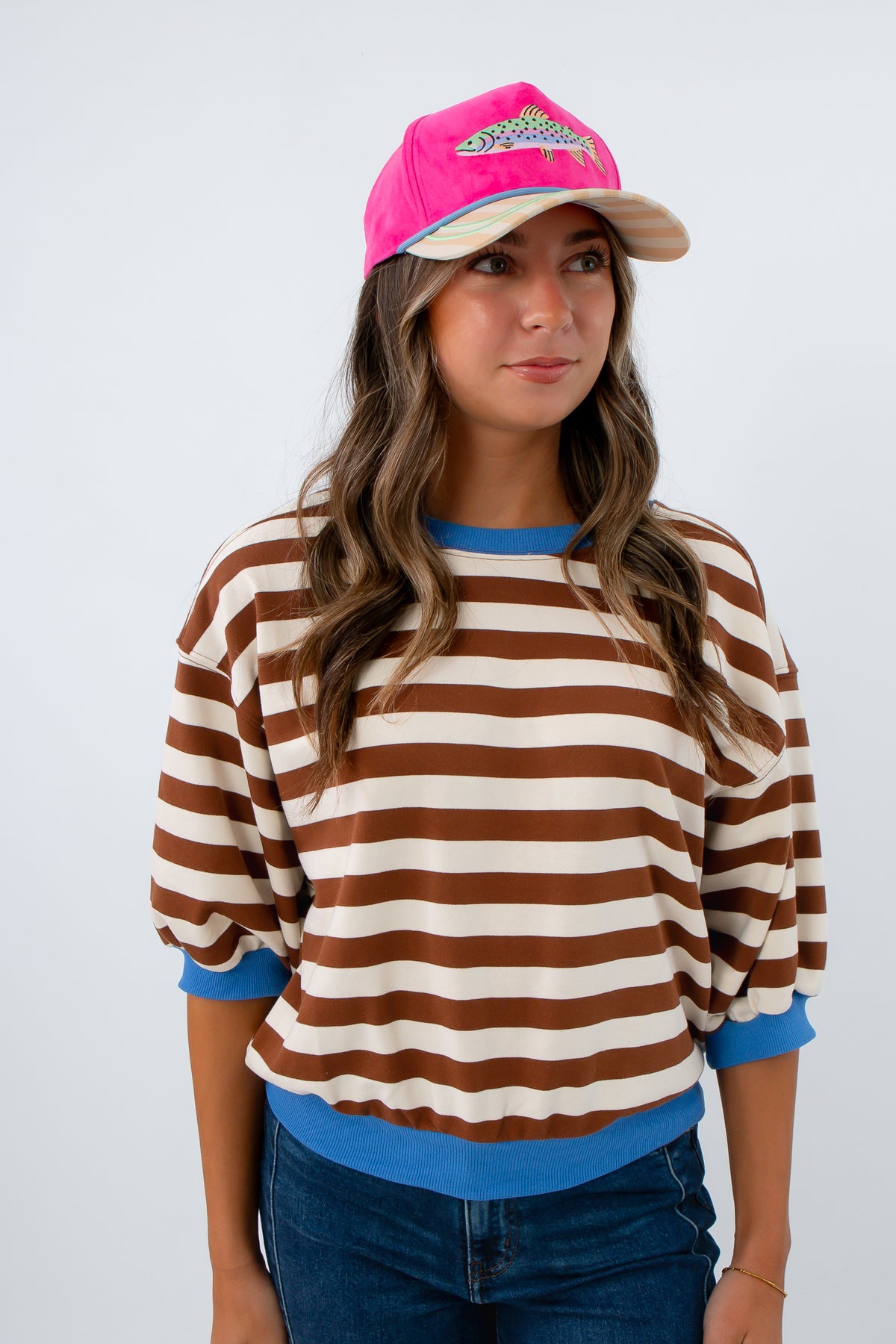 Brown and cream stripe shirt with blue accents, brown striped shirt, brown striped sweatshirt, brown and blue striped shirt