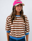 Brown and cream stripe shirt with blue accents, brown striped shirt, brown striped sweatshirt, brown and blue striped shirt