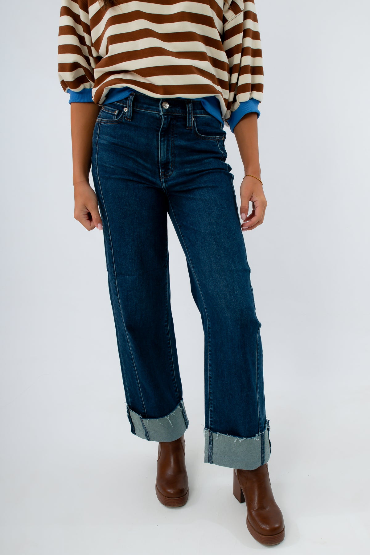 High-rise dark wash wide leg denim jeans with ankle cuff, jeans with ankle cuff, dark wash jeans for women