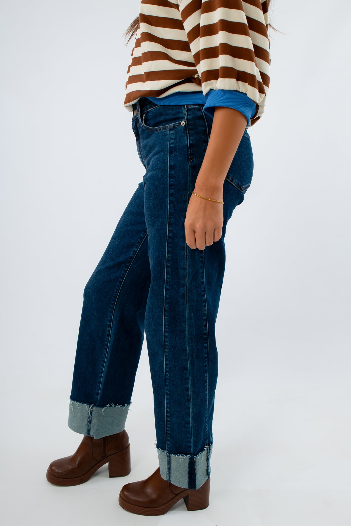 Stylish dark wash wide leg ankle jeans for women, dark wash jeans with ankle cuff, women's jeans with seam detailing