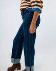 Stylish dark wash wide leg ankle jeans for women, dark wash jeans with ankle cuff, women's jeans with seam detailing