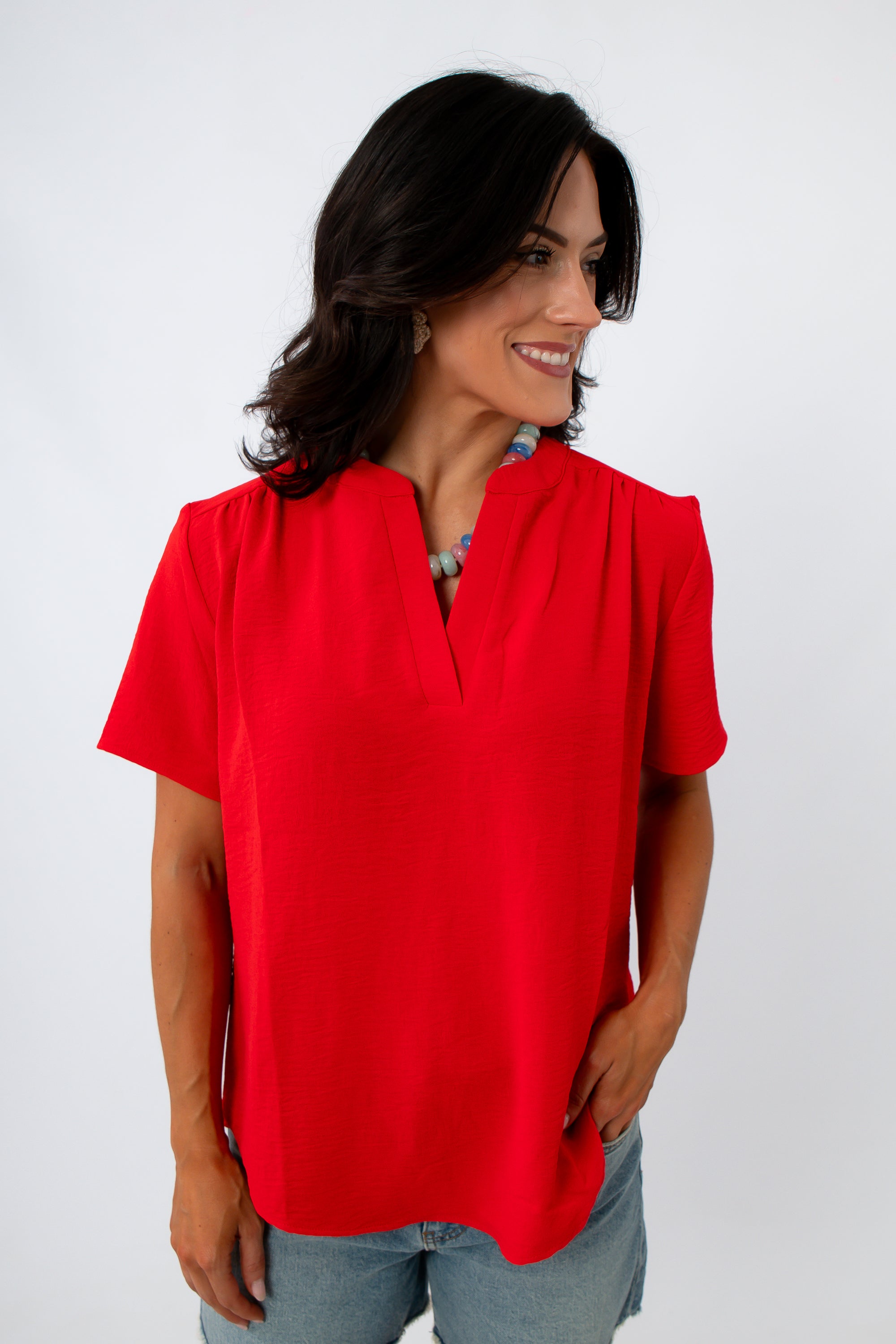 Robin Red Short Sleeve Blouse for women, casual summer top, vibrant red, lightweight, stylish blouse