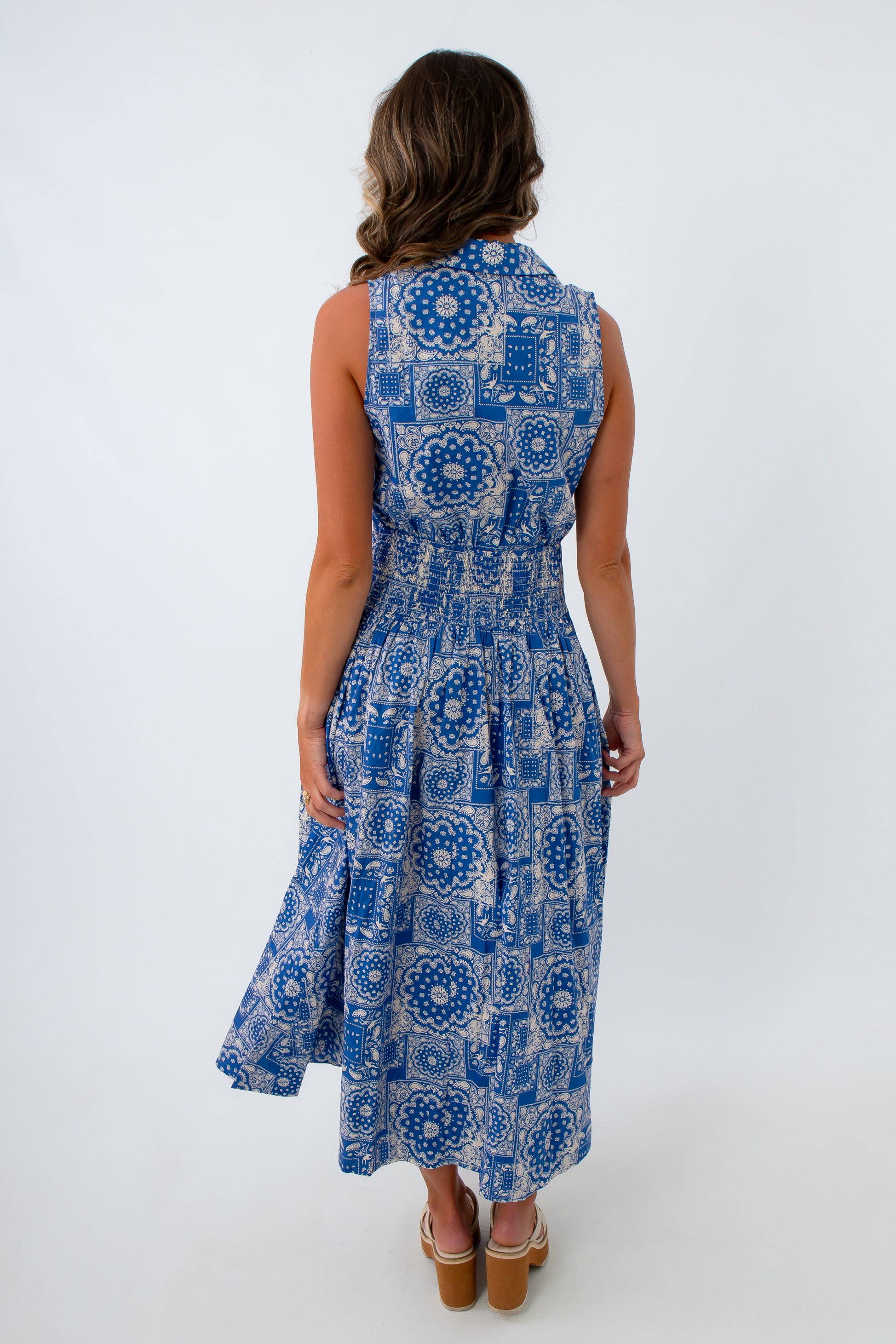 Button down maxi dress, blue patchwork maxi dress, blue bandana printed maxi dress, blue and white maxi dress
