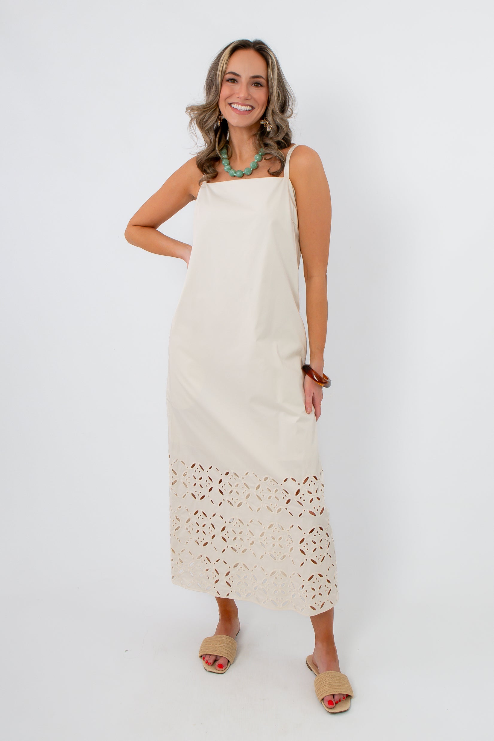Seagarden floral eyelet hem midi dress in ecru with spaghetti straps and cutout hem detail