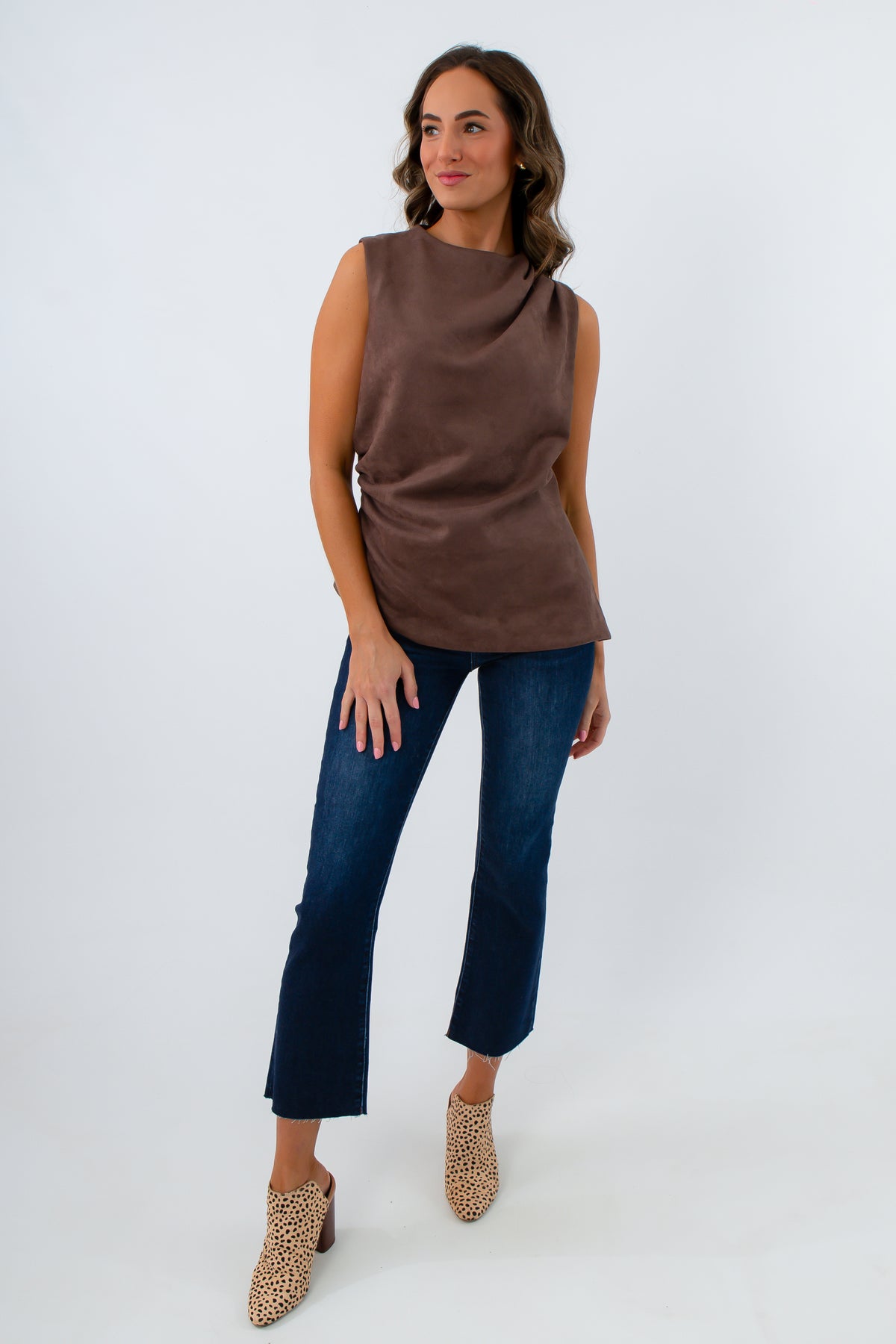 Asymmetric hem suede top with flattering side ruching, sleeveless top with asymmetric hem, THML brown top