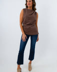 Asymmetric hem suede top with flattering side ruching, sleeveless top with asymmetric hem, THML brown top