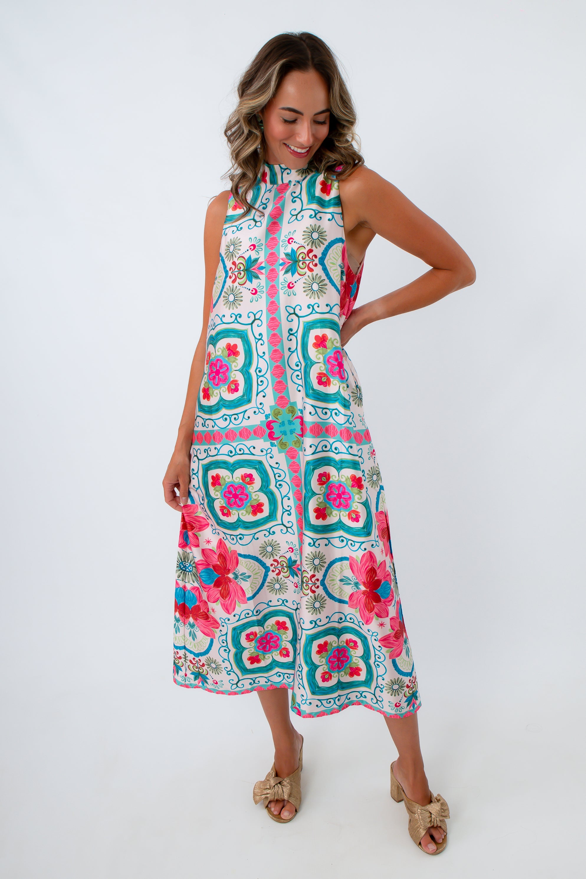 Satin halter neck wedding guest dress, vibrant wedding guest dress, vibrant classy midi dress