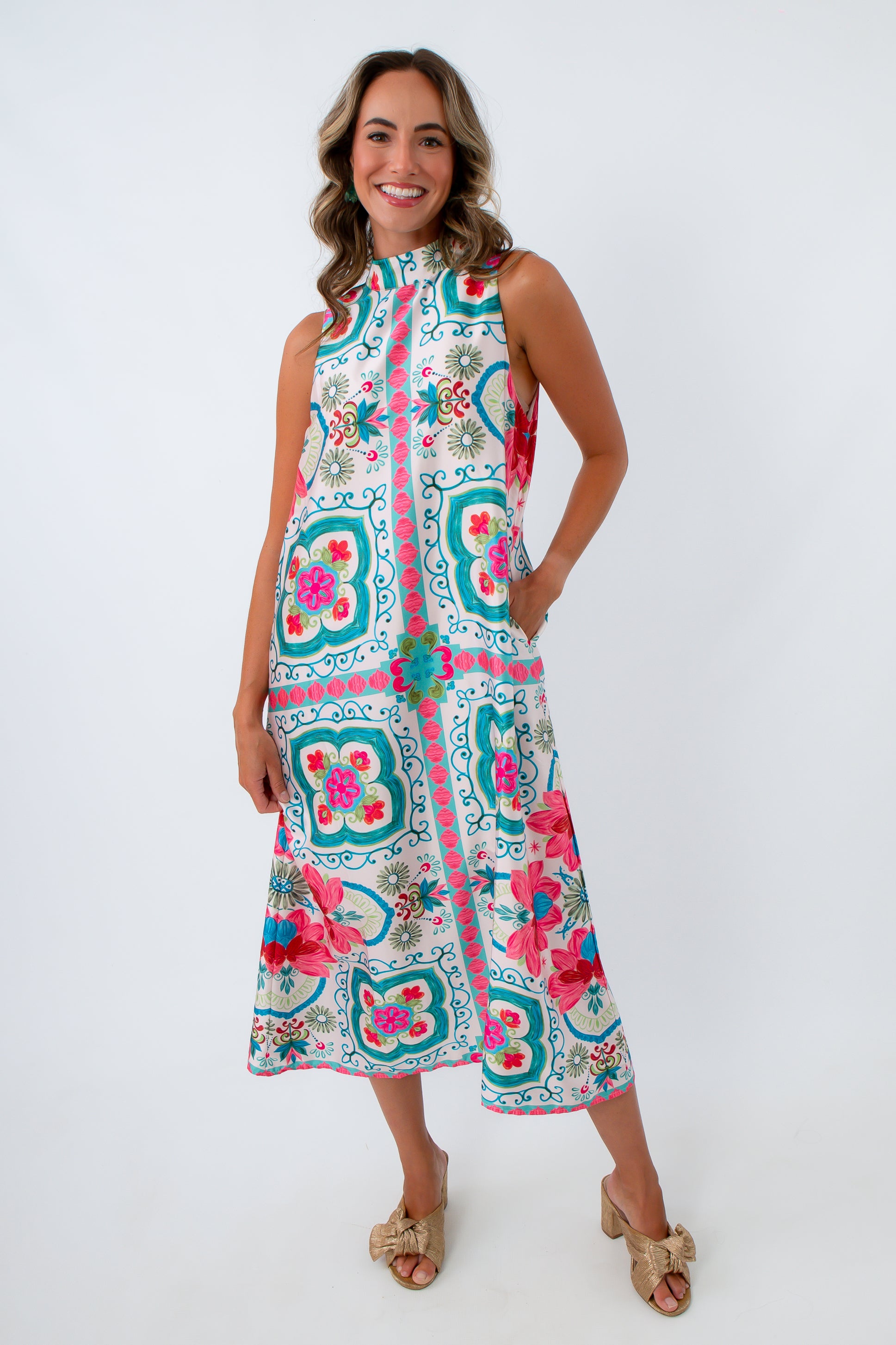 Midi dress with side pockets and mock neck, midi dress with halter neckline, satin halter dress