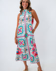Midi dress with side pockets and mock neck, midi dress with halter neckline, satin halter dress