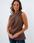Stylish fall tops in brown suede for workwear, THML suede top, THML sleeveless top, brown THML top for fall