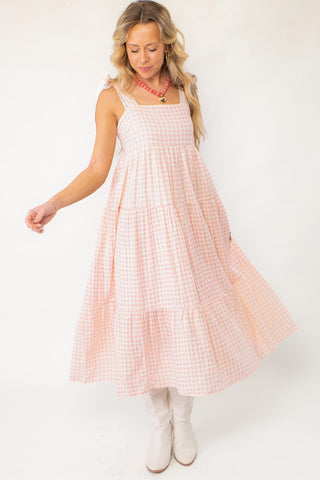 Pink Gingham Maxi Dress with Lace Trim-Dresses-Polagram-L. Mae Boutique & Wild Mabel Clothing