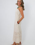 Back view of Seagarden floral eyelet hem midi dress in ecru with adjustable straps