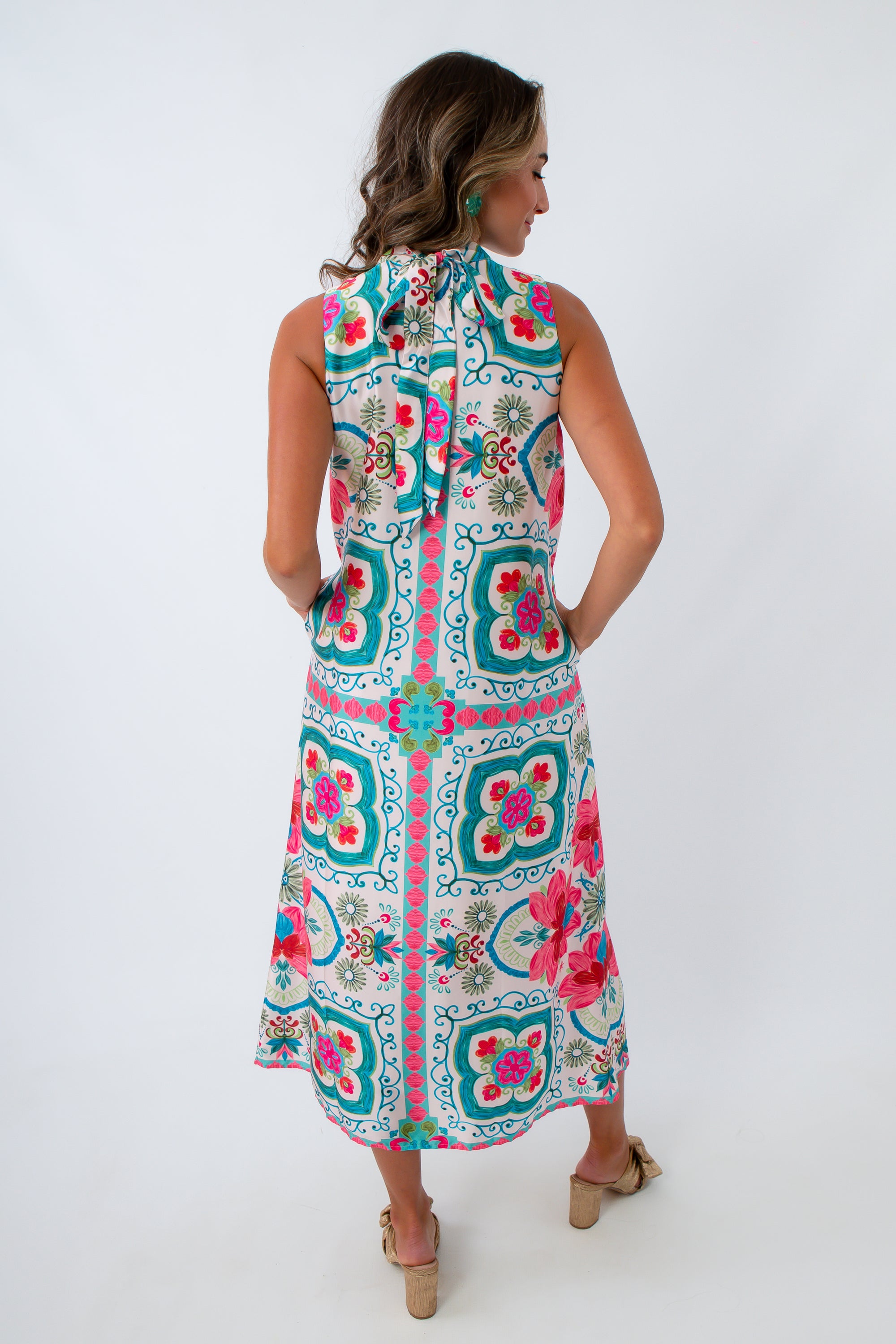 Vibrant mosaic print dress, long dress with halter neckline, long satin dress, long colorful dress