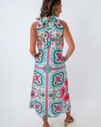 Vibrant mosaic print dress, long dress with halter neckline, long satin dress, long colorful dress
