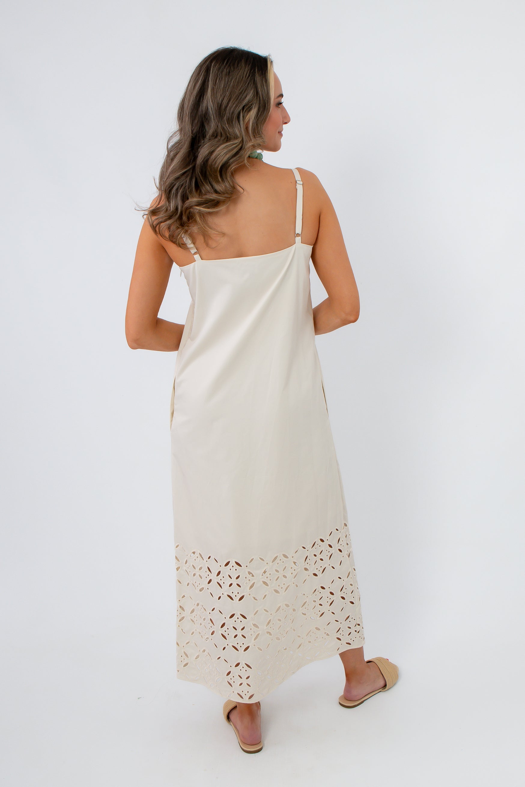 Seagarden Floral Eyelet Hem Midi Dress in ecru with adjustable straps